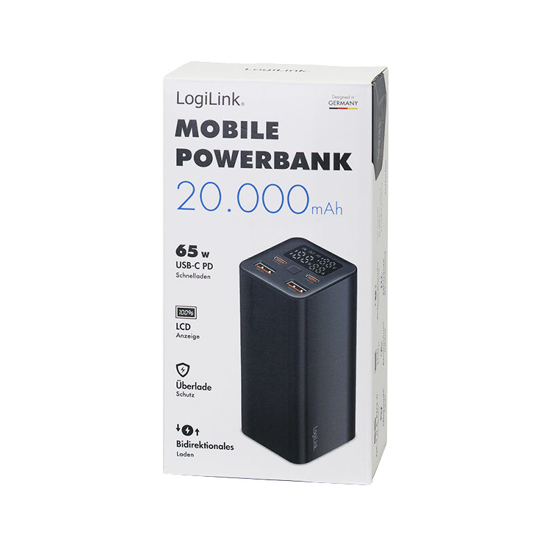 LogiLink Powerbank 20'000 mAh – 65 W PD, 2× USB-C, 2× USB-A, schwarz