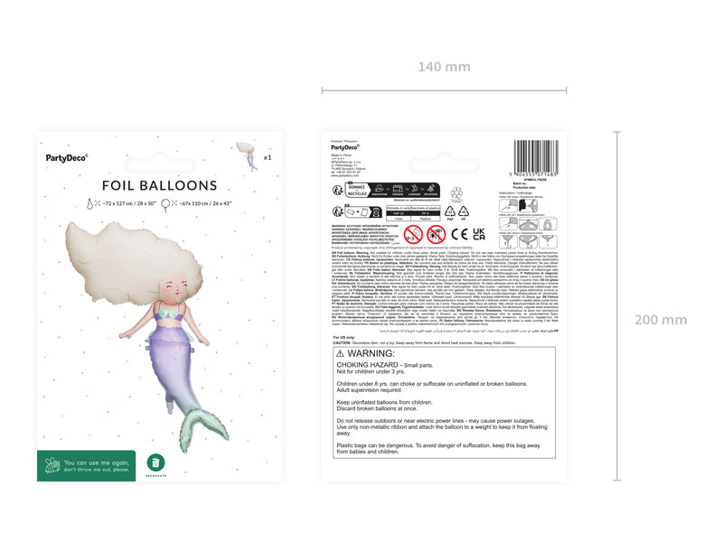 PartyDeco Folienballon Meerjungfrau – mehrfarbig – 111 × 63 cm – 1 Stk