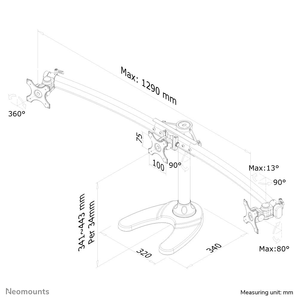 Neomounts Tischhalterung, 3 Monitore, Tischdurchführung, bis 27", VESA 75 × 75/100 × 100 mm, 8 kg