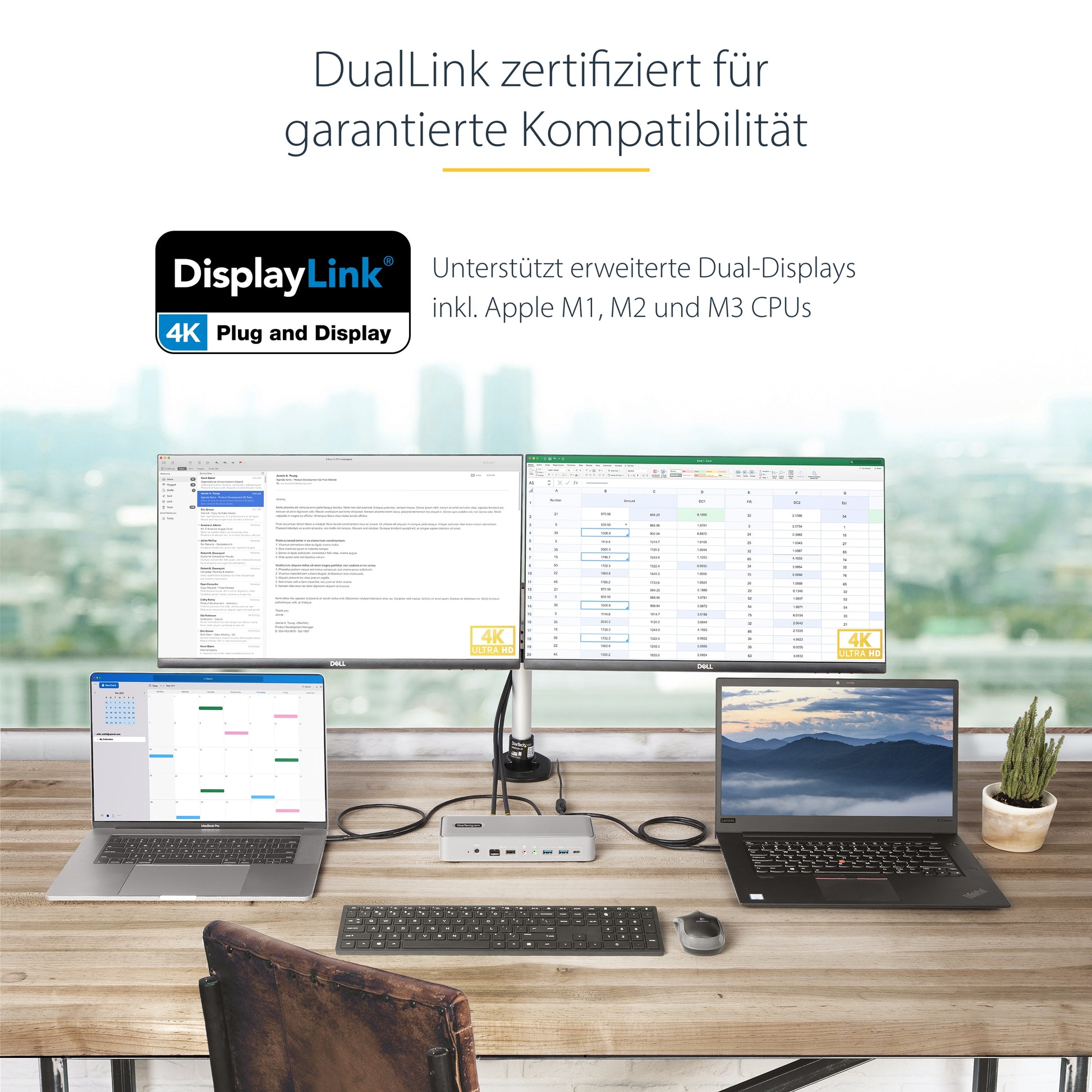 StarTech.com 129UE-USBC-KVM-DOCK – 2-Port DP Dual-View KVM-Switch – 4K/60 Hz, für Windows/macOS/Linux