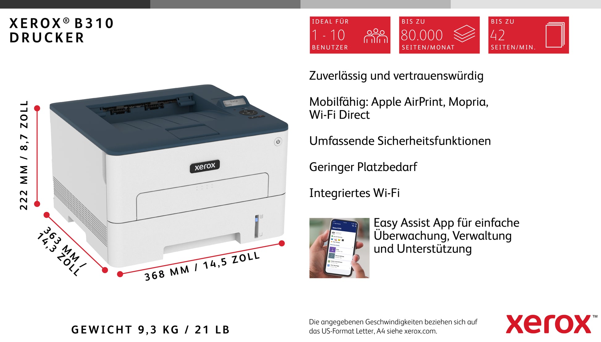 Xerox B310 – Schwarz-Weiss, A4, Duplex, WLAN, LAN, USB, 40 ppm, AirPrint, Mopria