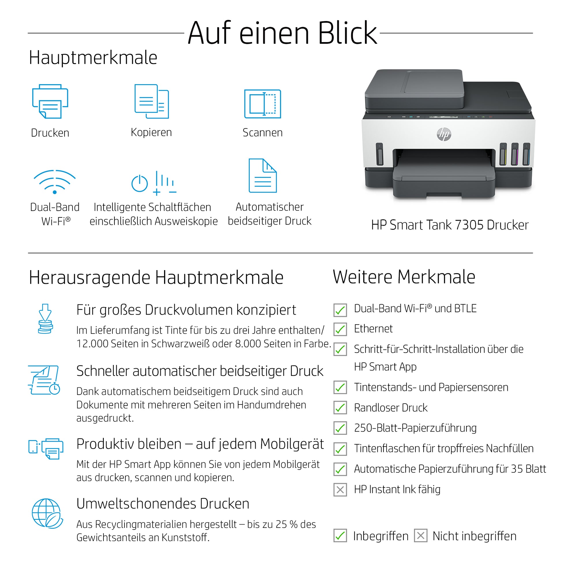 HP Smart Tank 7305 – Farbiger Tintenstrahl-MFP A4, 3-in-1 – USB/LAN/WLAN – Duplex, ADF – 15 ppm S/W