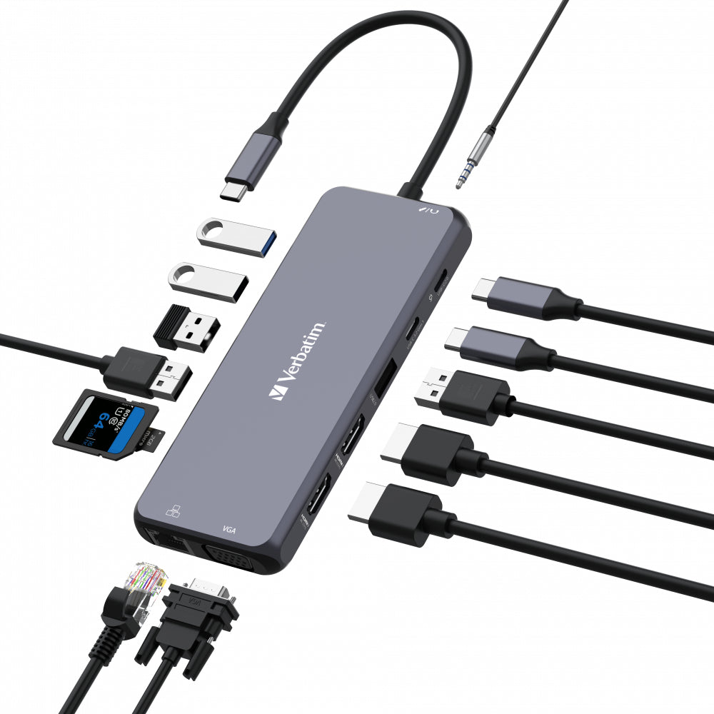 Verbatim CMH-14 Multiport-Adapter – USB-C, 2× HDMI, 1× VGA, 5× USB-A, 100 W PD, GbE, für Windows/Mac/ChromeOS