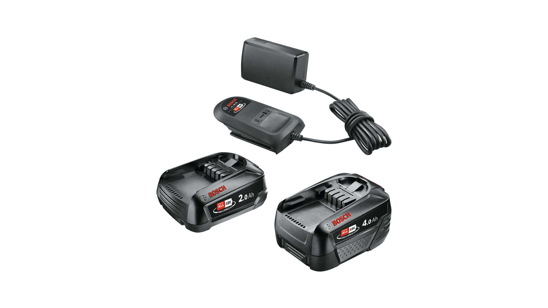 Bosch Akku- & Ladegerät-Set 18 V 2,0/4,0 Ah – 2 Stk – für POWER FOR ALL 18 V
