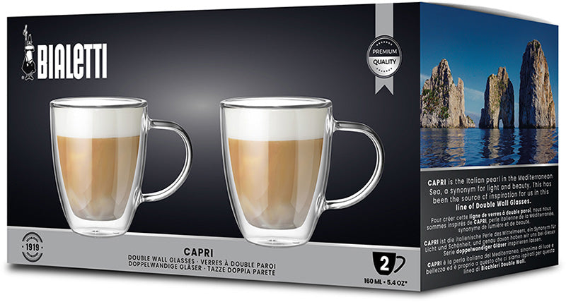 Bialetti Cappuccinotasse Capri – 2er Set, 160 ml, Borosilikatglas, Transparent, doppelwandig