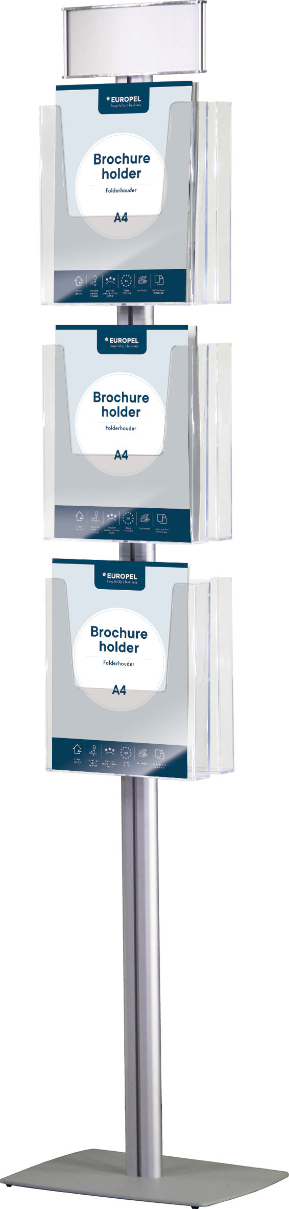 Europel Infoständer A4 – 6 Fächer – Acryl, Stahl, Silber, Transparent – 300×1493×250 mm – 350501