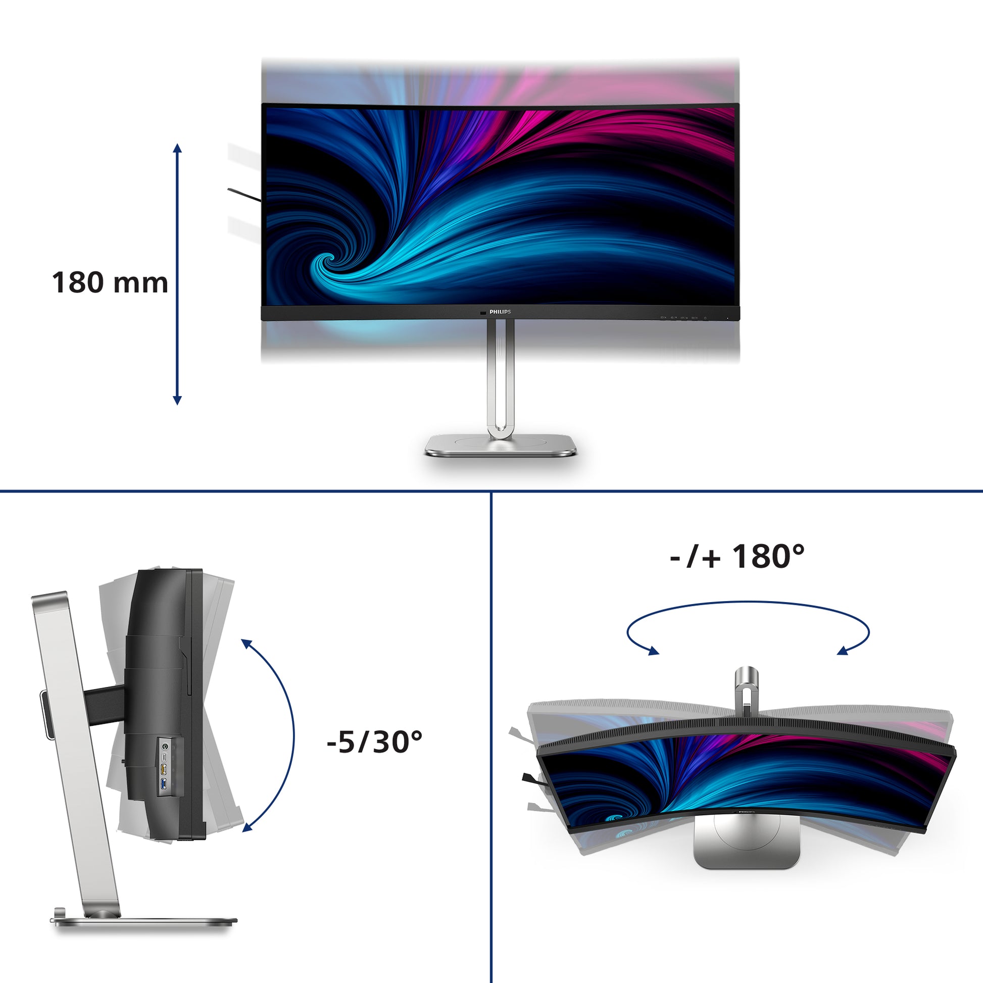 Philips 34B2U5600C/00 – Monitor, 34", VA, 120 Hz, 300 cd/m², KVM, USB-C, VESA 100 × 100, Schwarz