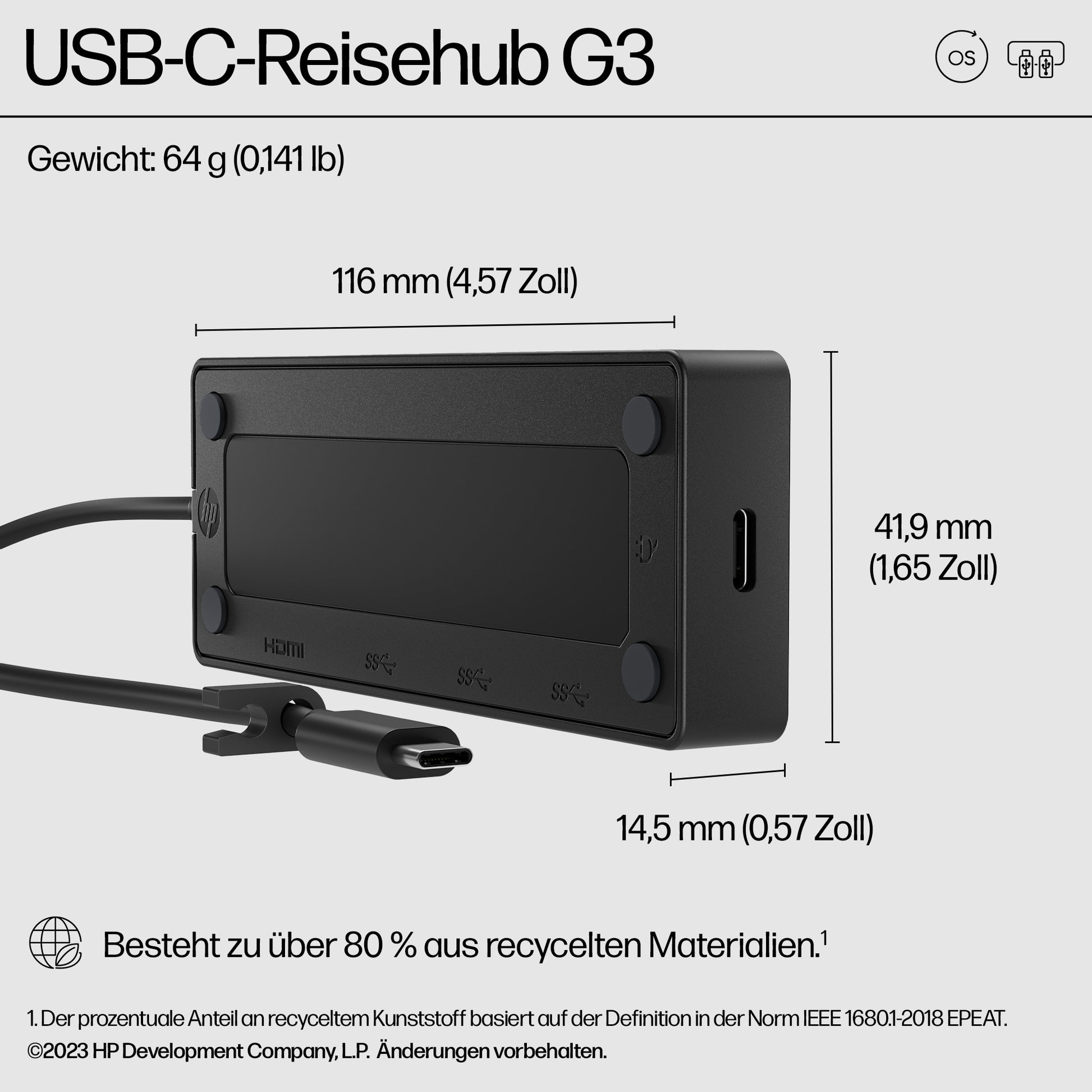 HP Travel G3 Multiport-Adapter – USB-C, 1× HDMI, 2× USB-A, 65 W PD, für Windows/Mac/ChromeOS