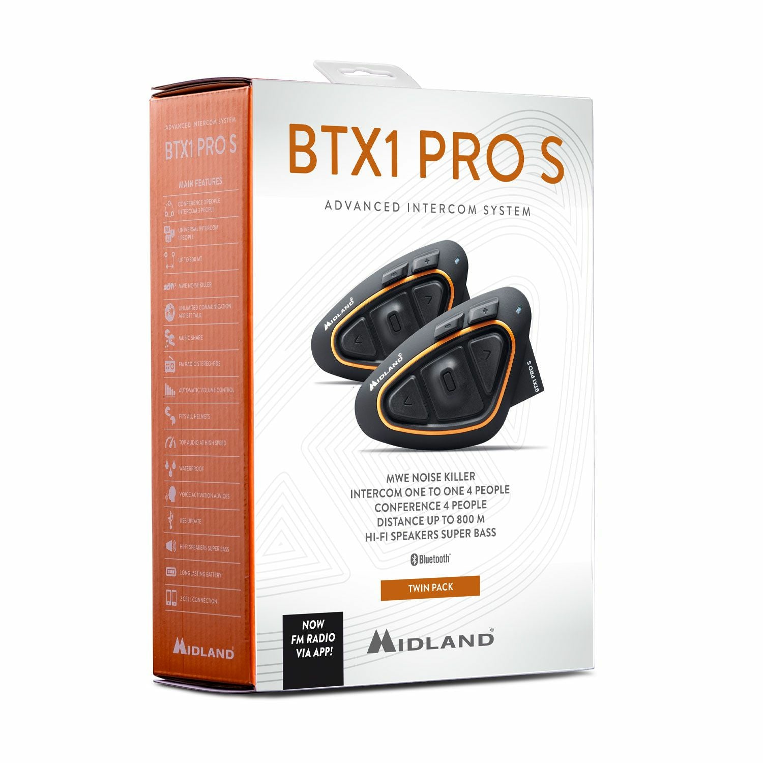Midland BTX1 Pro S Freisprecheinrichtung – Bluetooth 4.2 – IPX6, für Motorrad – Schwarz/Orange