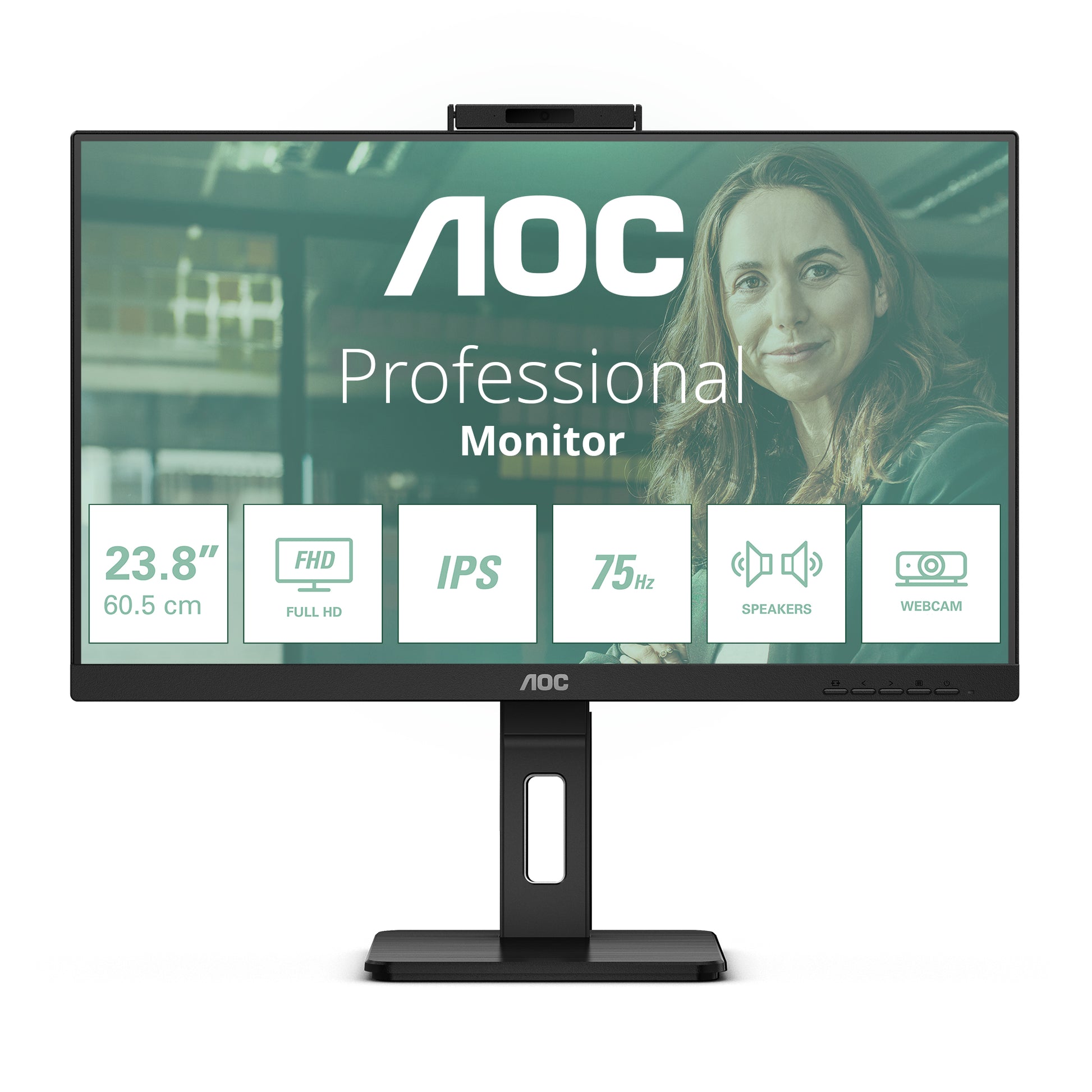 AOC 24P3QW – Monitor, 23,8", IPS, 75 Hz, 300 cd/m², Webcam, Lautsprecher, VESA 100 × 100, Schwarz