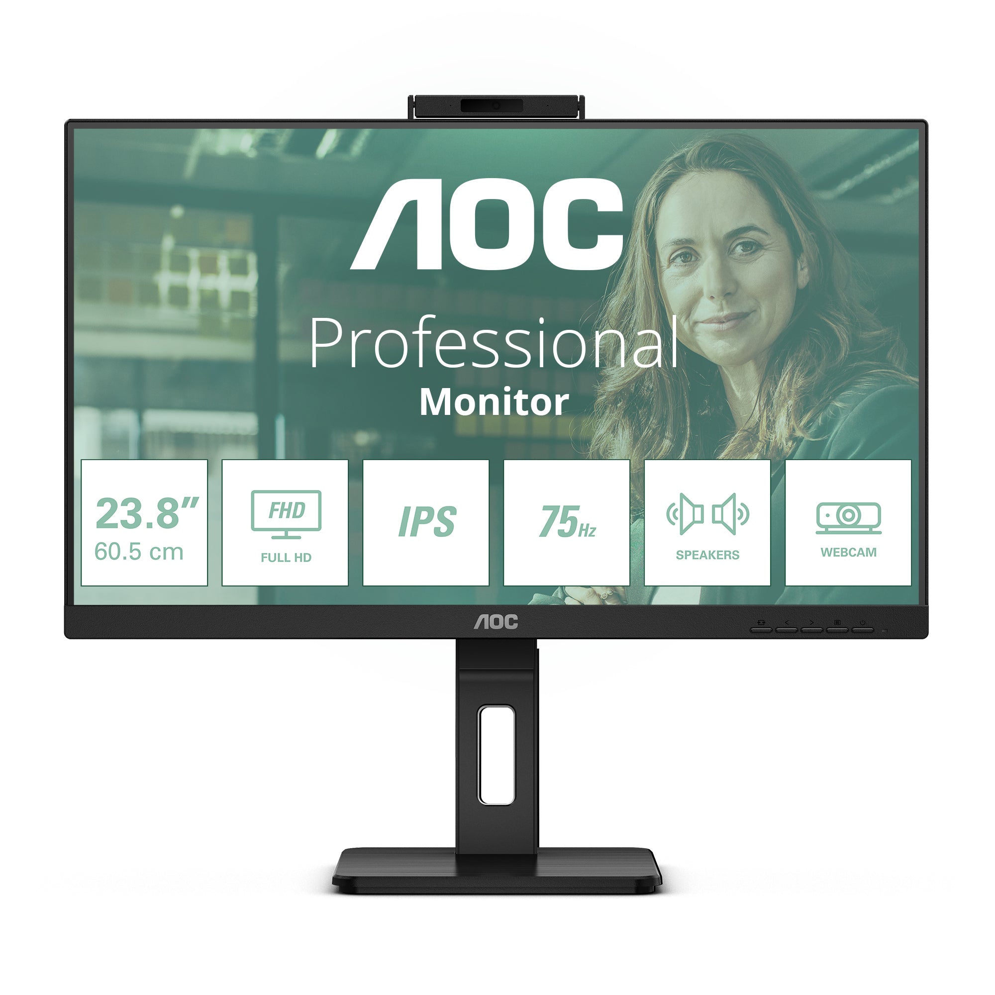 AOC 24P3QW – Monitor, 23,8", IPS, 75 Hz, 300 cd/m², Webcam, Lautsprecher, VESA 100 × 100, Schwarz