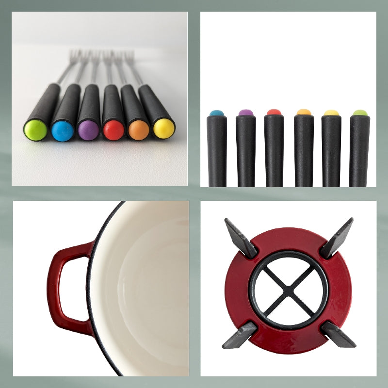 Kela Fondue-Set – Ø 20 cm, Gusseisen, für Käsefondue, Halogen, Rot, 6 Personen, 11 Teile