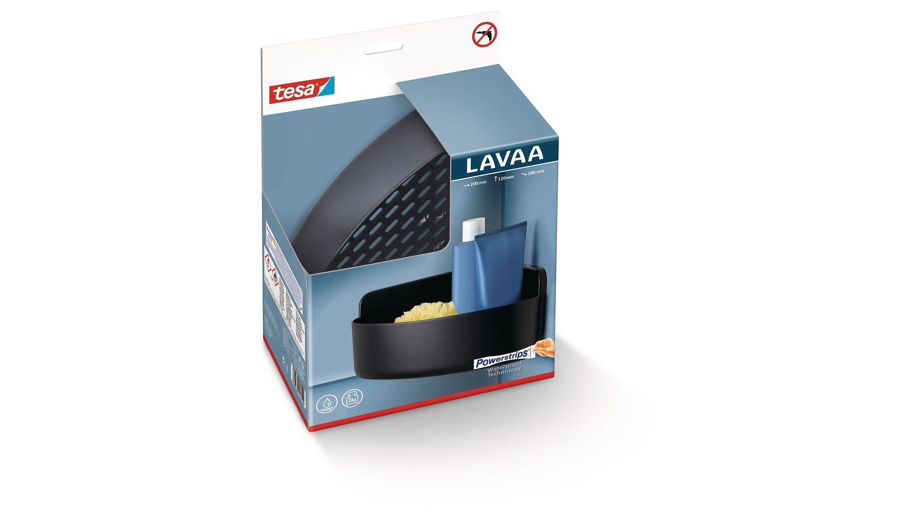 TESA Duschkorb LAVAA M – 20×20×12 cm, ABS, 3 kg, Wandmontiert, Schwarz