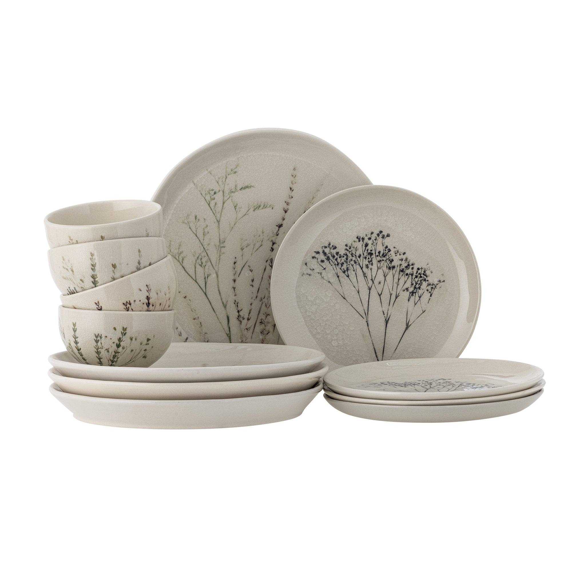 Bloomingville Geschirrset Bea – 12-teiliges Set, Ø 11/22/27,5 cm, Steingut, Natur, spülmaschinenfest