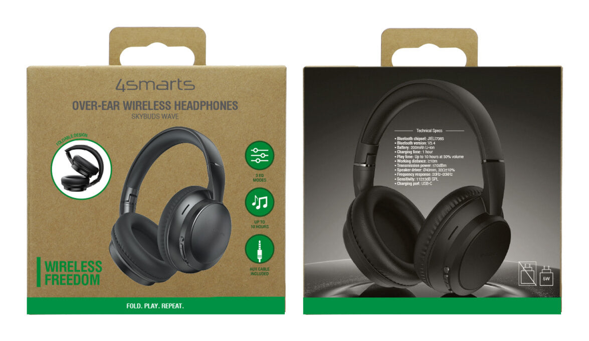 4smarts SkyBuds Wave Over-Ear Kopfhörer – Stereo, Kabel + BT, 3,5 mm Klinke, USB-C, Schwarz, BT 5.4
