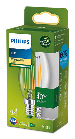 Philips LED-Leuchtmittel E14 Kerze – Warmweiss 2700 K, 485 lm, 2,3 W – 1 Stk. – Klar