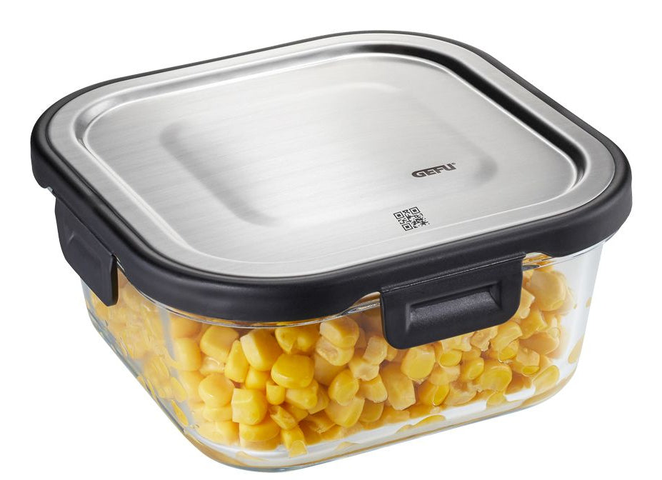 GEFU MILO – Vorratsdose 800 ml, 15,5 × 15,5 × 7,2 cm, Glas (Borosilikat), transparent/schwarz