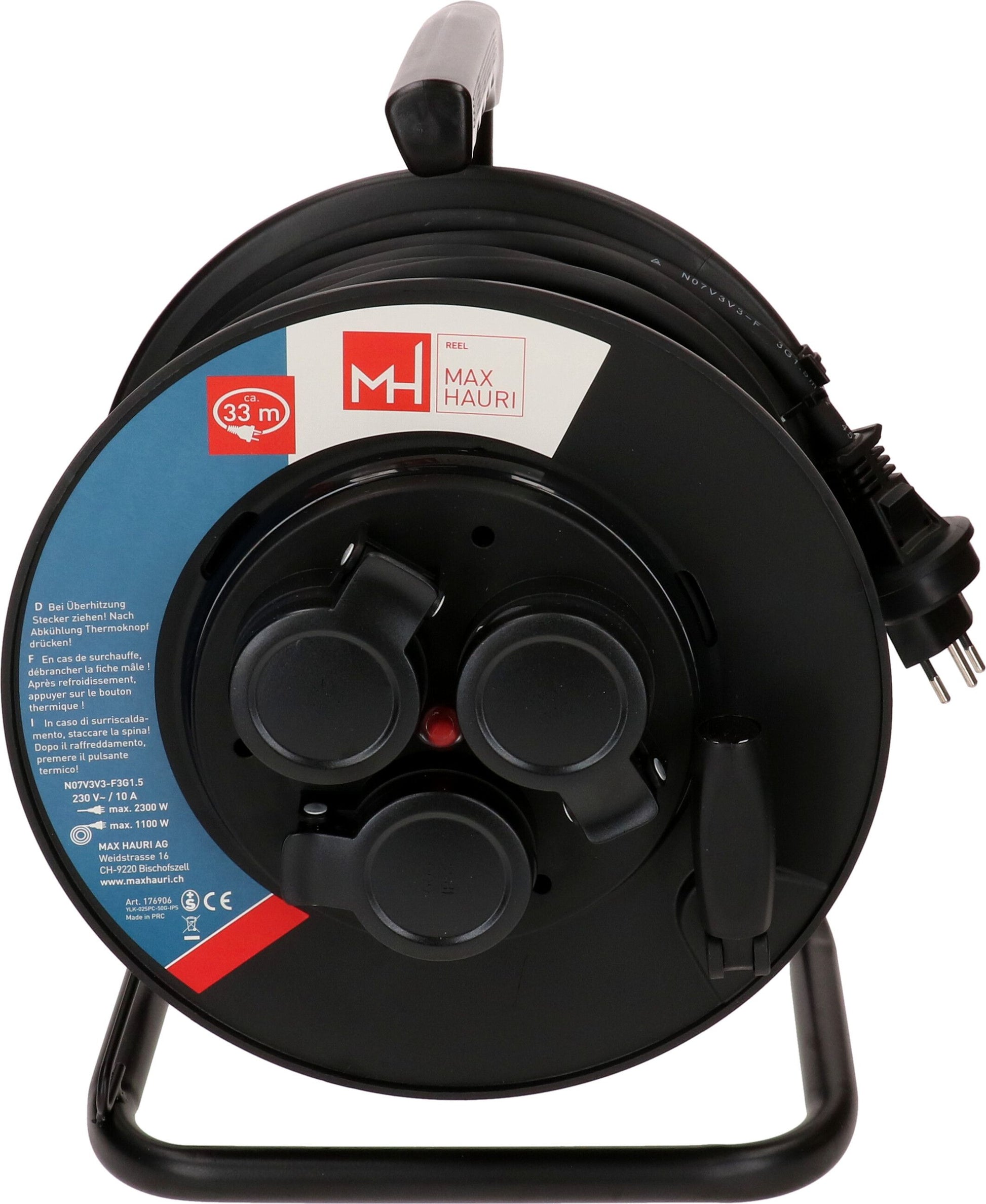 Max Hauri AG Max Hauri Kabelrolle – 3× T13, 33 m, IP55, schwarz