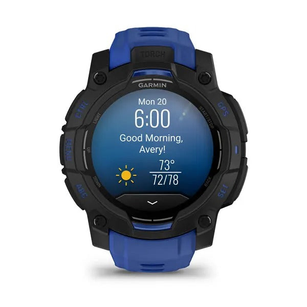 Garmin Instinct 3 45 mm GPS – Aluminium Schwarz, Sportarmband, Schwarz/Bolt Blau, 100 m, für iPhone