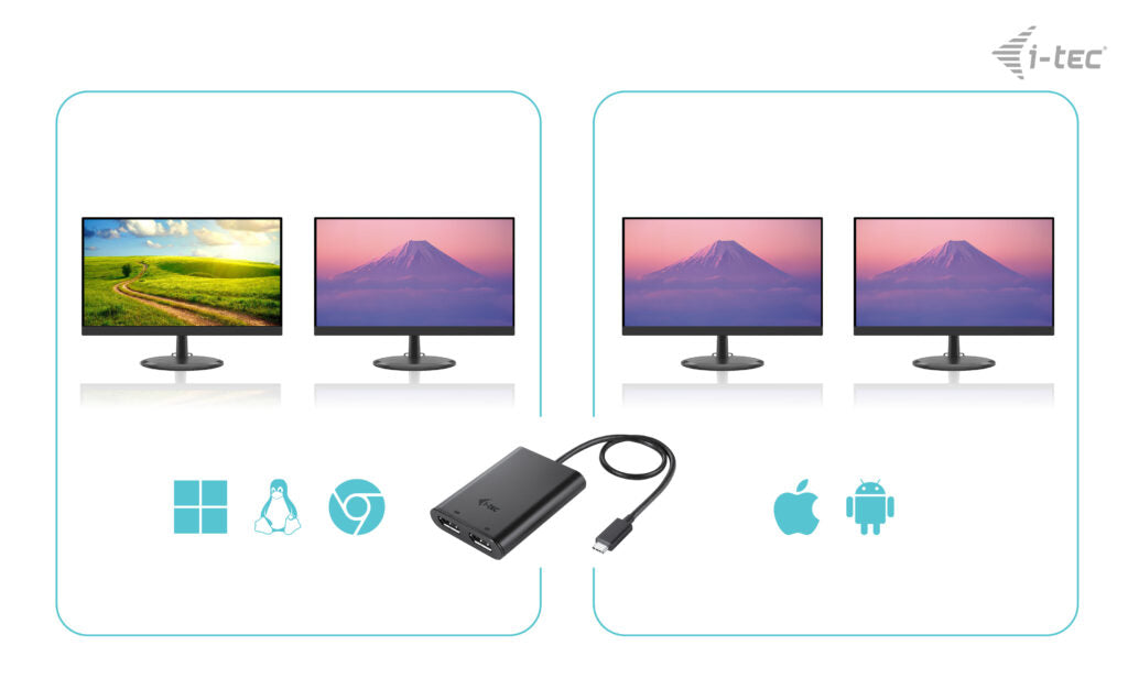 i-tec USB-C zu 2× DisplayPort Adapter – 2× 4K (3840 × 2160) @ 60 Hz / 8K (7680 × 4320) @ 30 Hz, 0,3 m, Schwarz