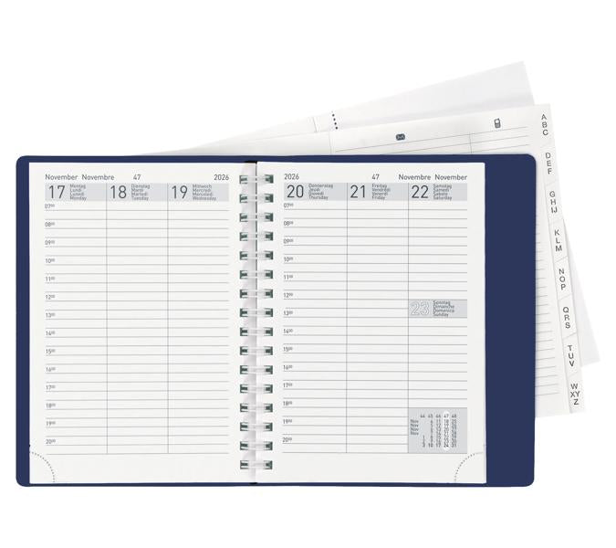 Biella Rex Agenda – 1 Woche/2 Seiten, Spiralbindung, 10,1 × 14,2 cm, 2026, Dunkelblau, FSC