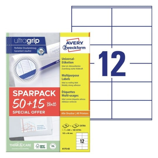 AVERY Zweckform – Etiketten A4 105 × 48 mm – Papier – permanent haftend – Laser/Inkjet – 12 pro Blatt, 65 Blätter