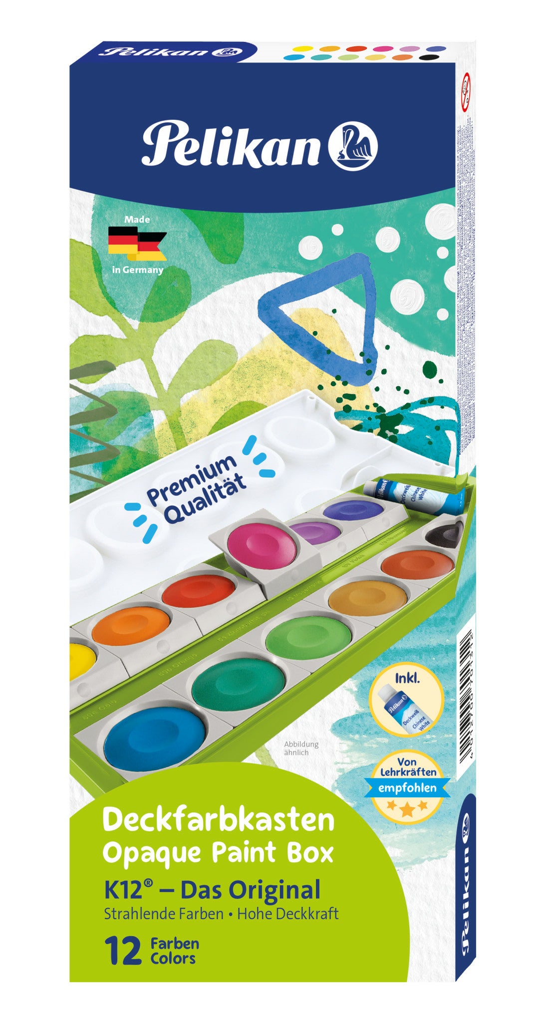 Pelikan K12 eco Deckfarbkasten – Mehrfarbig, 12 Farben – mit Deckweiss 7,5 g