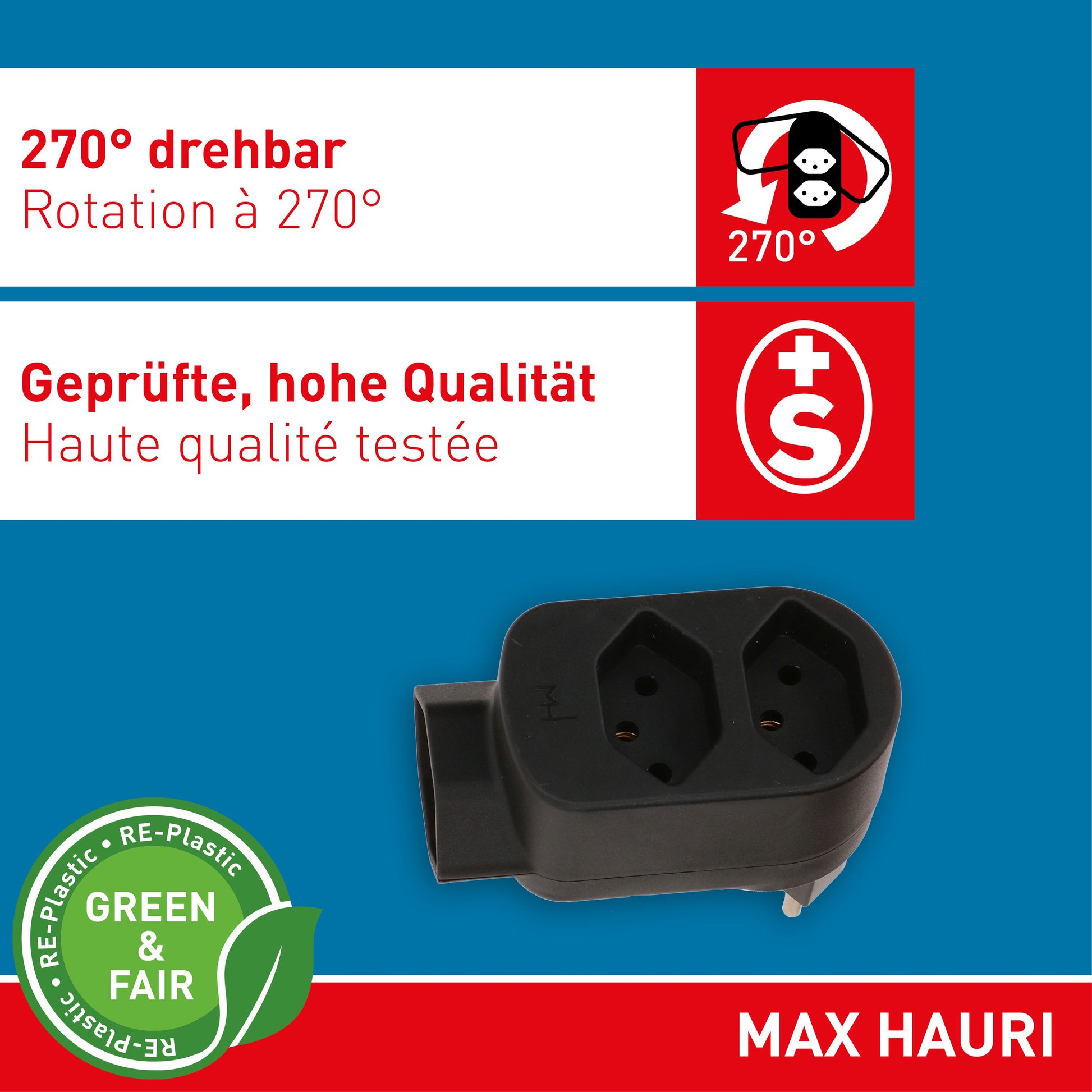 Max Hauri AG Max Hauri ADAPT 2+1x Typ 13 Abzweigstecker – 3× Typ 13, 230 V, 2300 W, 10 A – Schwarz