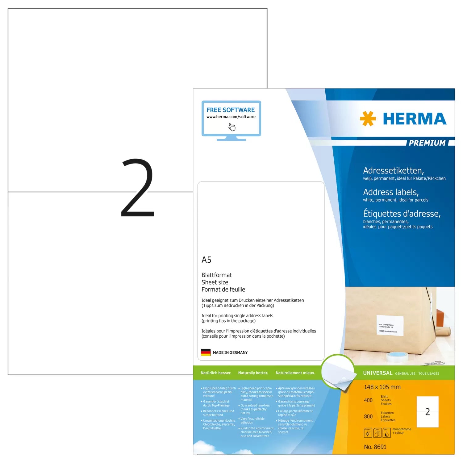 HERMA Etiketten A5 105 × 148 mm – Papier, weiss – permanent haftend – Laser/Inkjet – 2 pro Blatt, 400 Blätter