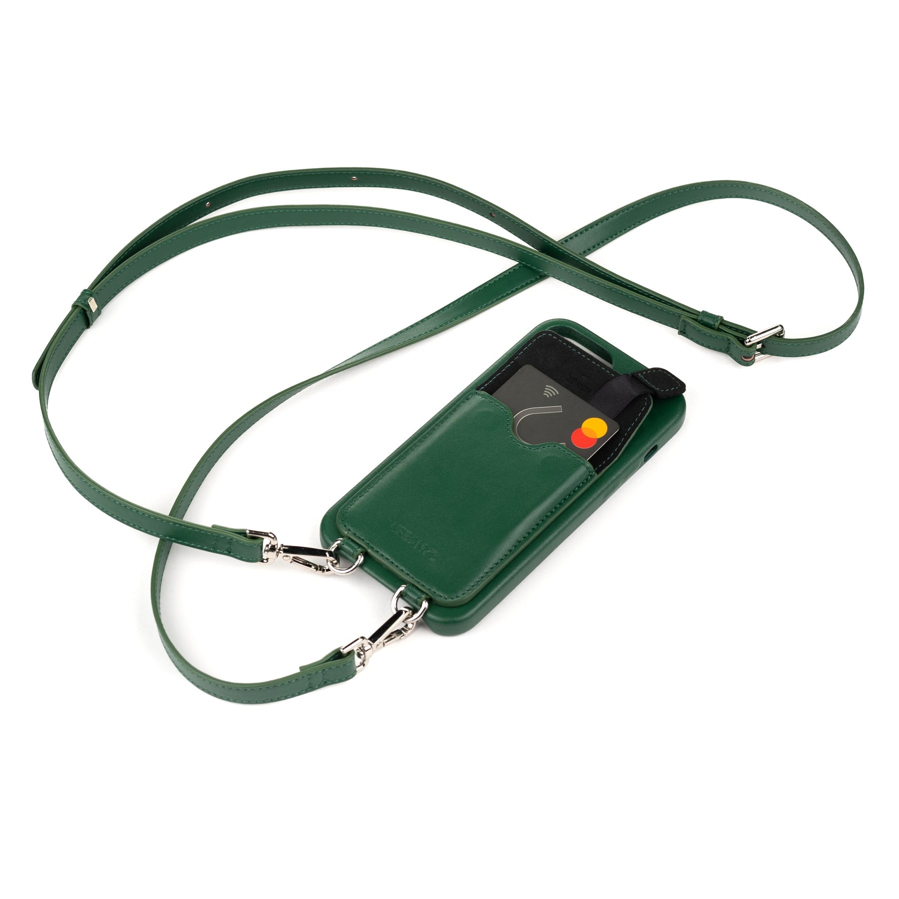 Urbany's Necklace-Hülle – für Apple iPhone 15 – Grün – Kunstleder, mit Kartenfach