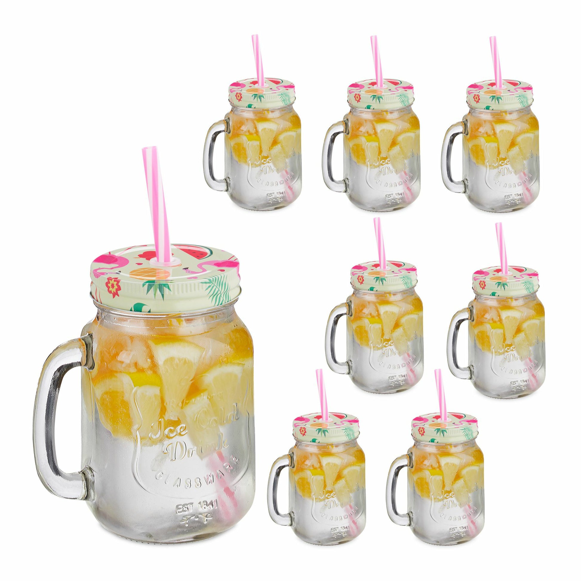 Relaxdays Trinkglas – 8er Set, 500 ml, 11,0 × 8,0 × 13,5 cm, Glas/Eisen, Transparent, mit Strohhalm