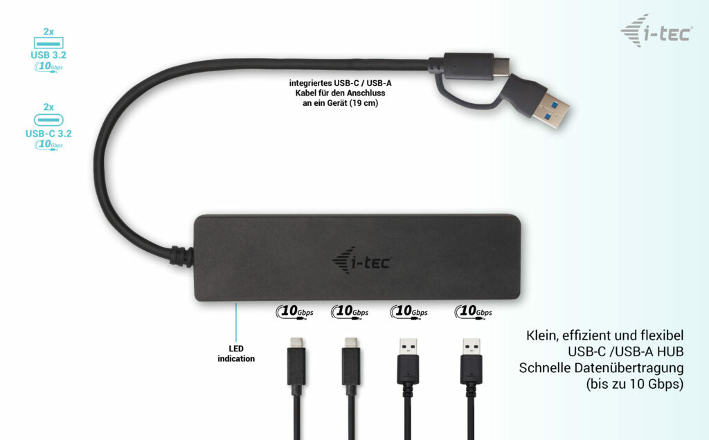 i-tec USB-Hub – 2× USB-A, 2× USB-C, für Windows/Mac/ChromeOS