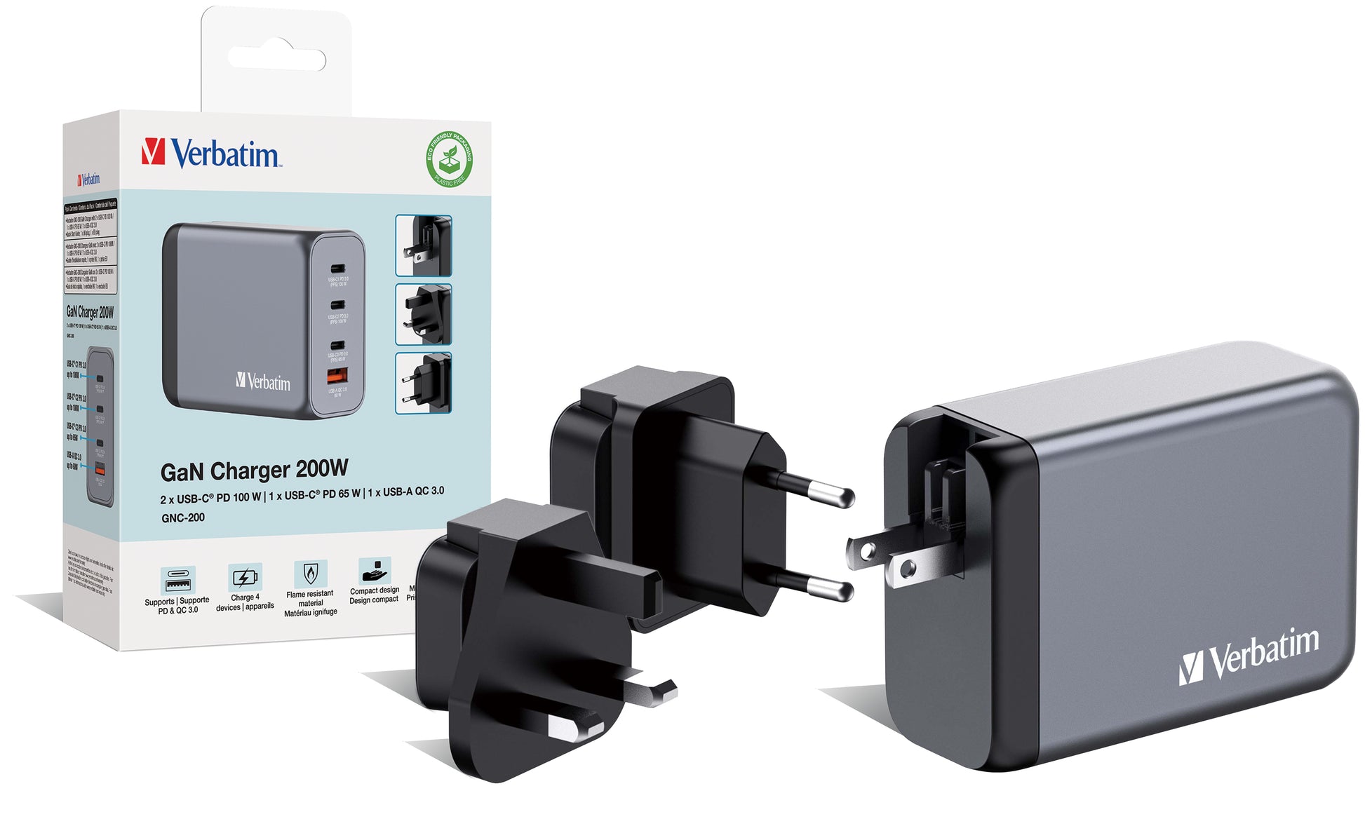 Verbatim GaN 4-Port USB-Ladegerät 200 W – USB-C×3, USB-A×1 – PD 3.0, PPS, QC 3.0, GaN – EU/UK/US-Adapter