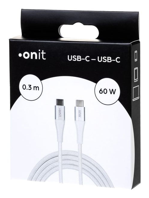 ONIT USB-C auf USB-C Kabel – USB 3.2 Gen 1 (5 Gbit/s) – 0,3 m – PD 60 W – Textilmantel, Verstärkt – Weiss