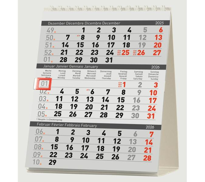 Biella 3-Monats-Pultsteller Delta 2026 – 12,5 × 15,5 cm – d/f/i/gb – mit Datumschieber
