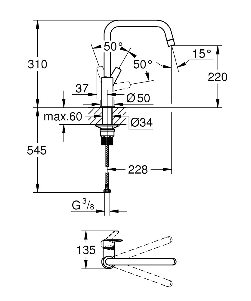 GROHE Start Einhebelmischer – U-Auslauf, Schwarz, Metall, Einlochmontage, Anschluss 3/8"