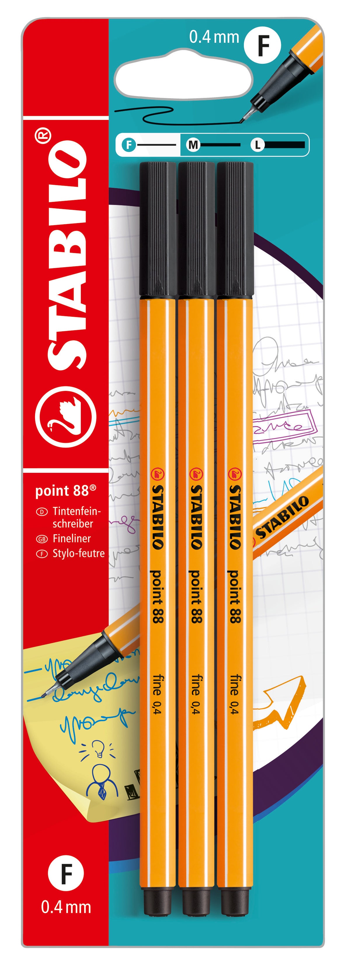 STABILO point 88 Fineliner Set – 3 Stk., 0,4 mm, schwarz, Cap-Off