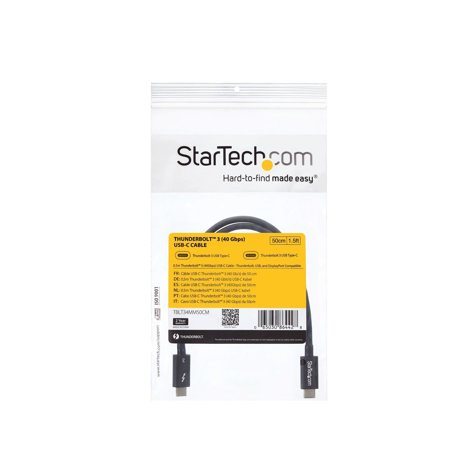 StarTech.com Thunderbolt 3 (USB-C) Kabel – 40 Gbit/s – 0,5 m – PD 100 W – Schwarz