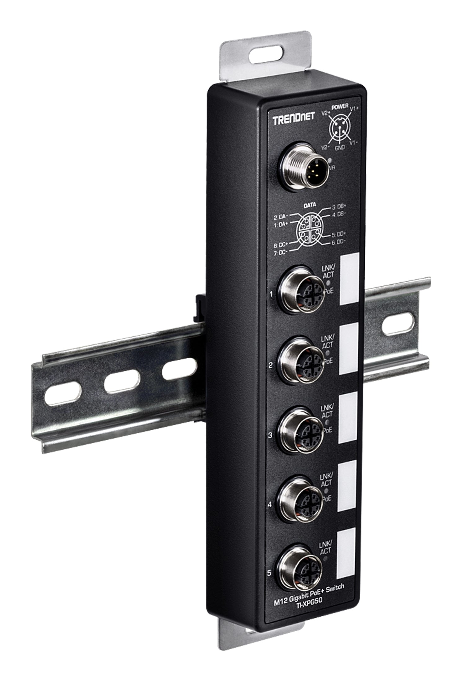 TRENDnet TI-XPG50 – Unmanaged EN50155 Switch – 4× M12 1G PoE+, 1× M12 1G, PoE-Budget 120 W, IP67