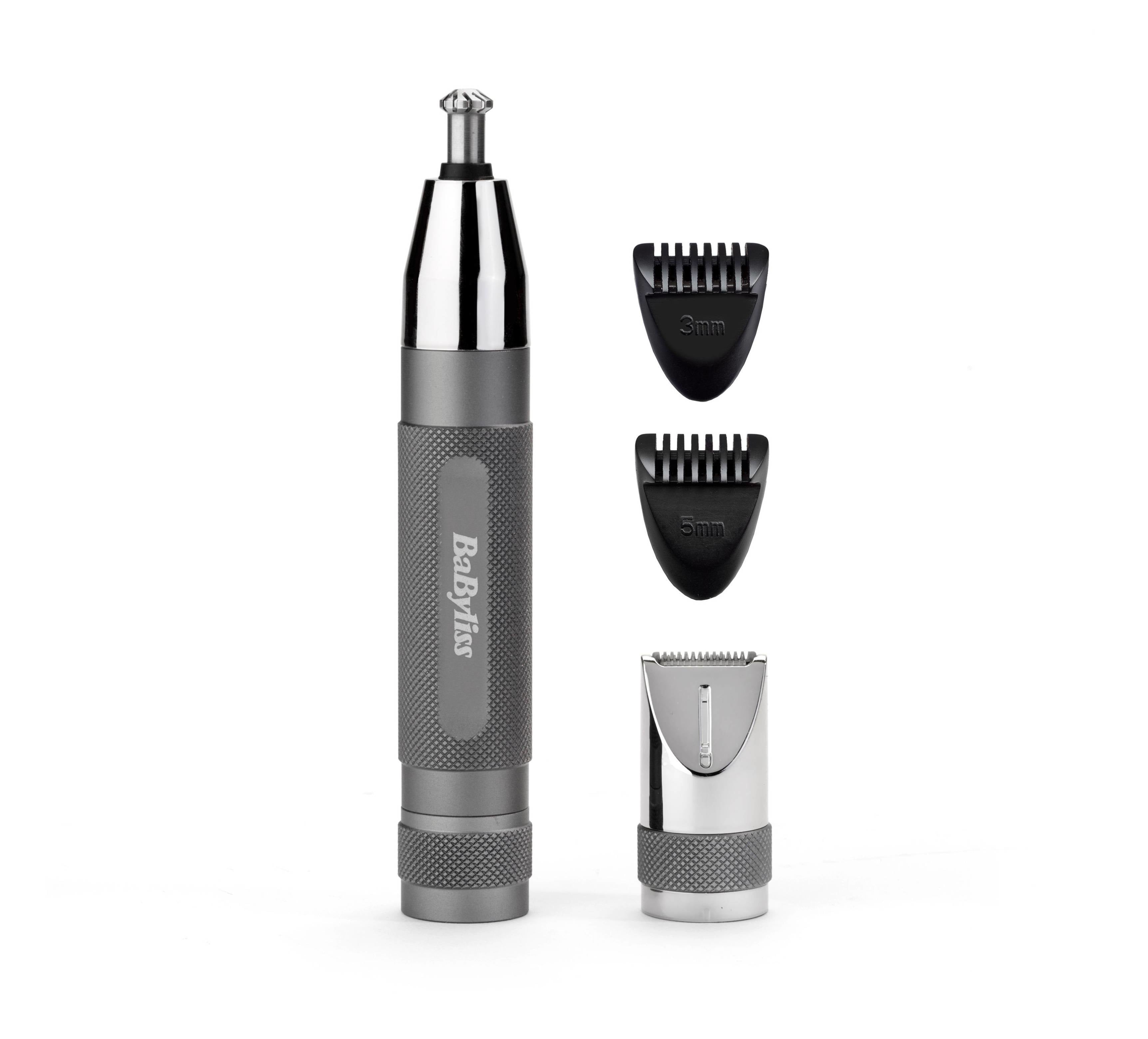 BaByliss Nasenhaarschneider E116E – batteriebetrieben, 2 Kammaufsätze – grau, Edelstahlmesser