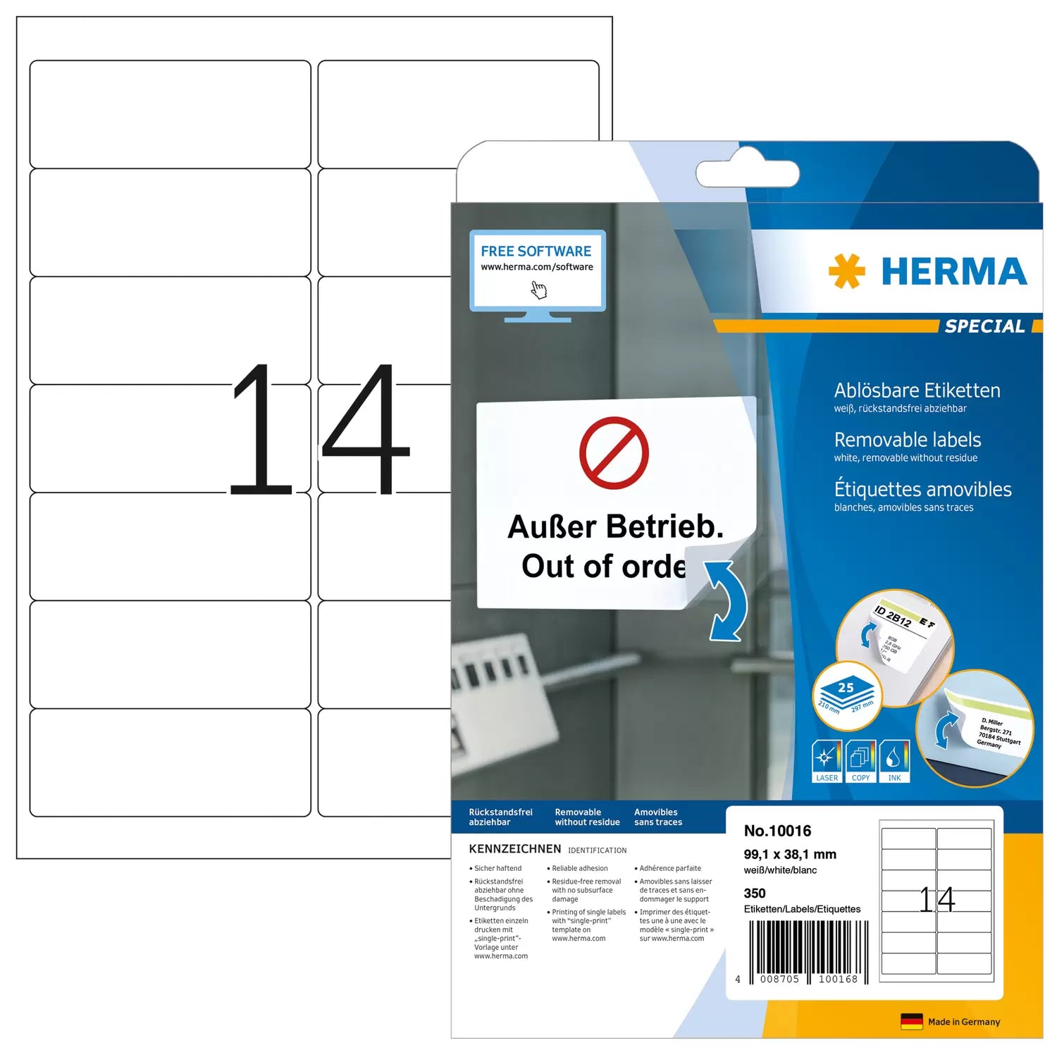 HERMA Drucketiketten, 99 mm × 38 mm, weiss, Papier, ablösbar, 25 Blätter (350 Etiketten)