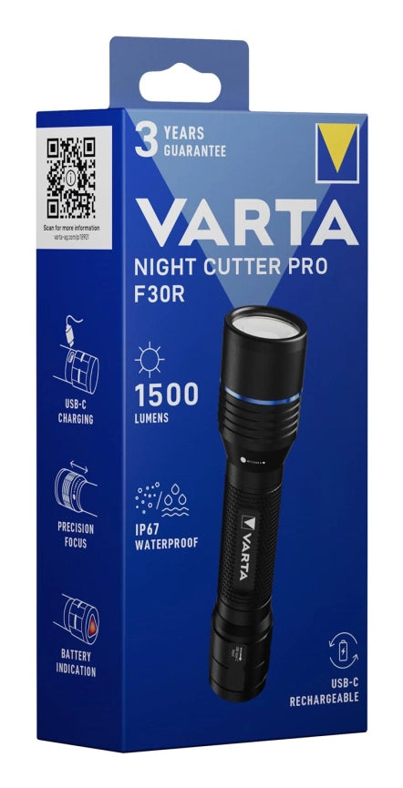 Varta Taschenlampe Night Cutter Pro F30R – 1500 lm, 280 m, IP67, USB-C, Akku 2600 mAh, 5 Modi – Schwarz