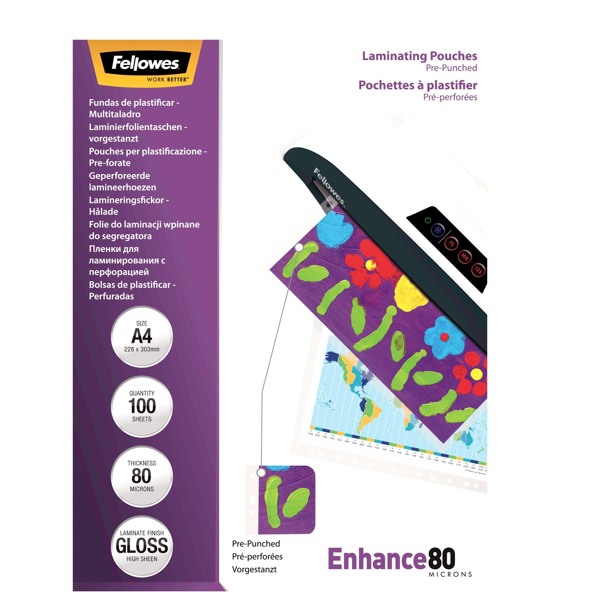 Fellowes Enhance Laminierfolien A4 – glänzend, gelocht, 100 Stück