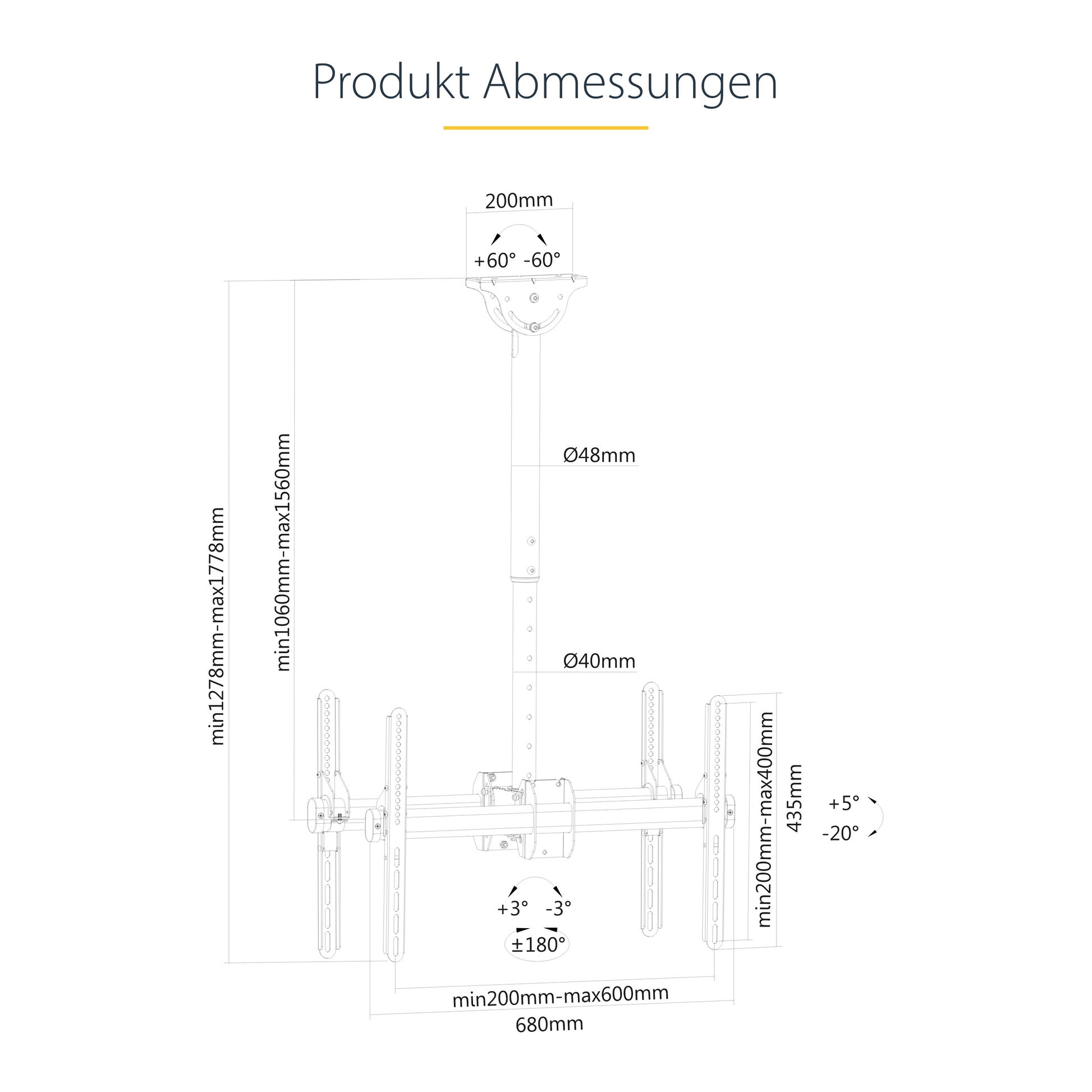 StarTech.com Deckenhalterung – Rücken an Rücken – 32–75" – VESA 200×200–600×400 – bis 90 kg, Teleskopmast