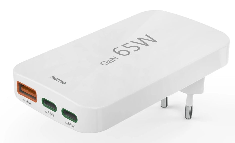 Hama 00125144 USB-Ladegerät 65 W – USB-C×2, USB-A×1 – PD 3.0, QC 3.0, GaN – EU-Stecker (Typ C)