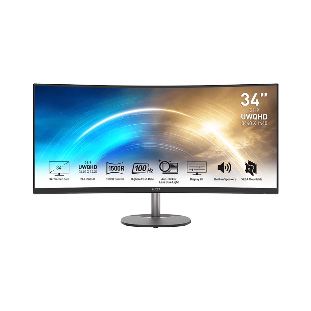 MSI PRO MP341CQDE – Monitor, 34", 300 cd/m², Integrierte Lautsprecher, AMD FreeSync, VESA 100 × 100, Schwarz