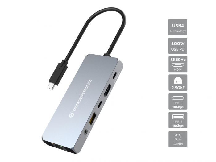 Conceptronic DONN22G Dockingstation – USB-C, 1× HDMI, 1× USB-A, 2× USB-C, 100 W PD, 2.5GbE