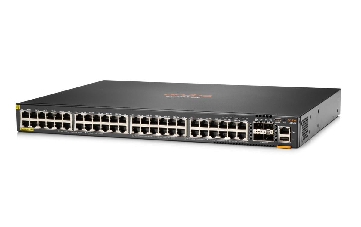 HPE Aruba Networking CX 6200F 48G Klasse-4 – Managed Switch – 48×GbE, 4×SFP+, L3, PoE+ 370 W, 1U