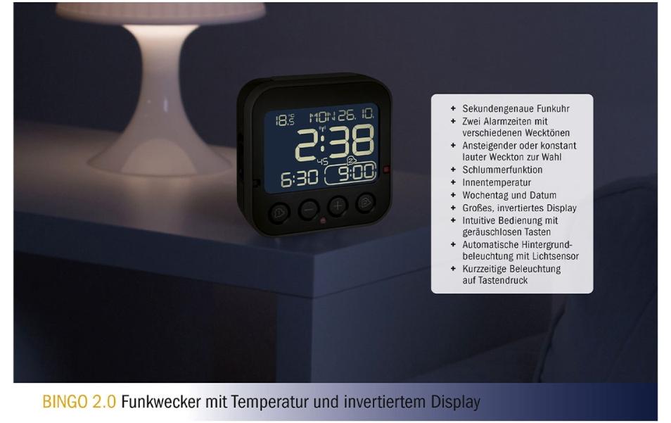 TFA-Dostmann TFA Dostmann BINGO 2.0 Digitalwecker – Funk, Snooze, Thermometer, 9,5 × 9,6 × 4,1 cm, Schwarz