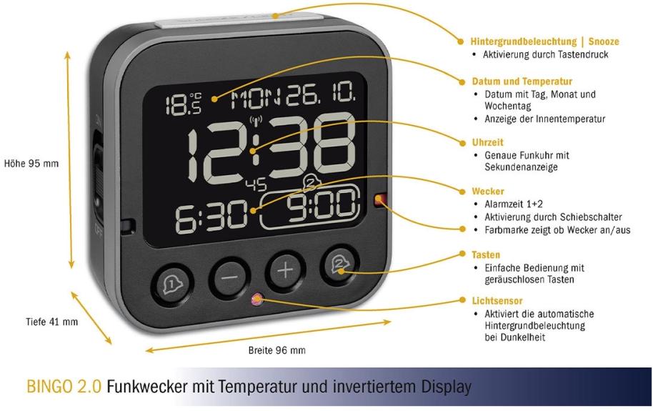 TFA-Dostmann TFA Dostmann BINGO 2.0 Digitalwecker – Funk, Snooze, Thermometer, 9,5 × 9,6 × 4,1 cm, Schwarz